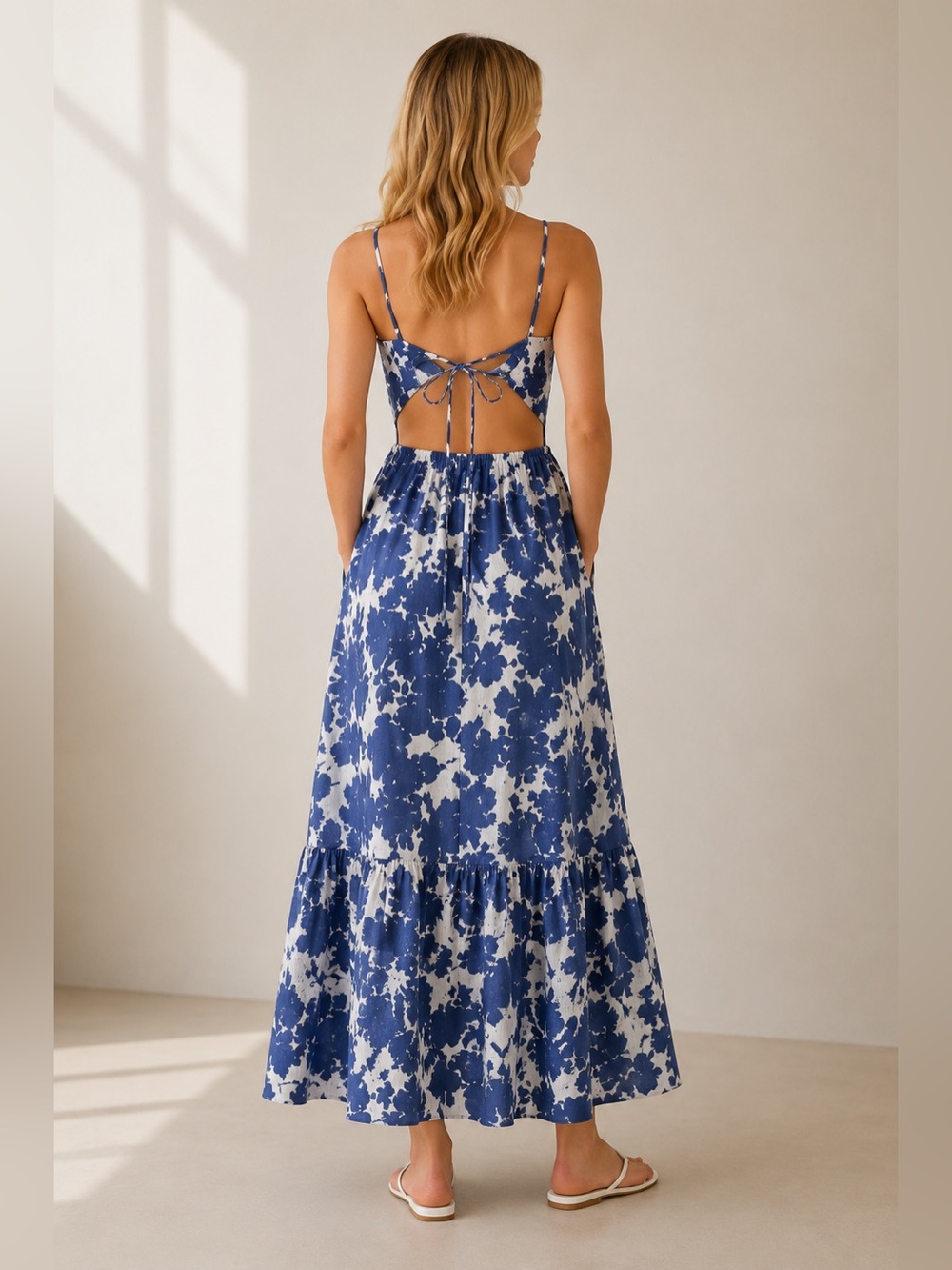 Abercrombie & Fitch Blue & White Cutout Maxi Dress Medium Lined Pockets - Picture 2 of 10